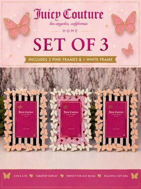 Juicy Couture Butterfly Photo Frame Set of 3 4x6 Pink&White Striped Cherry Glam